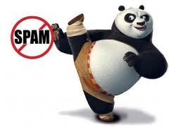 A panda kicking a no spam sign