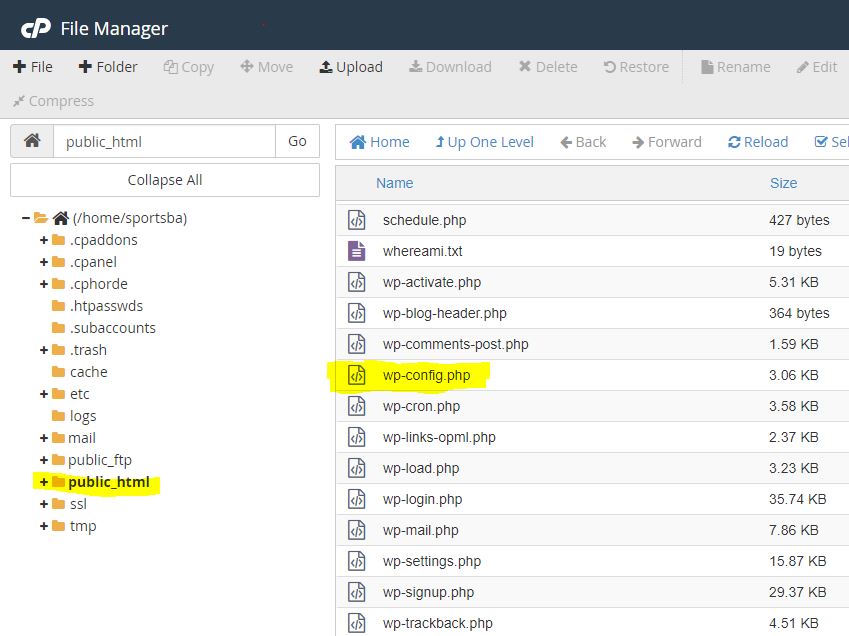 screenshot of managing files in cpanel