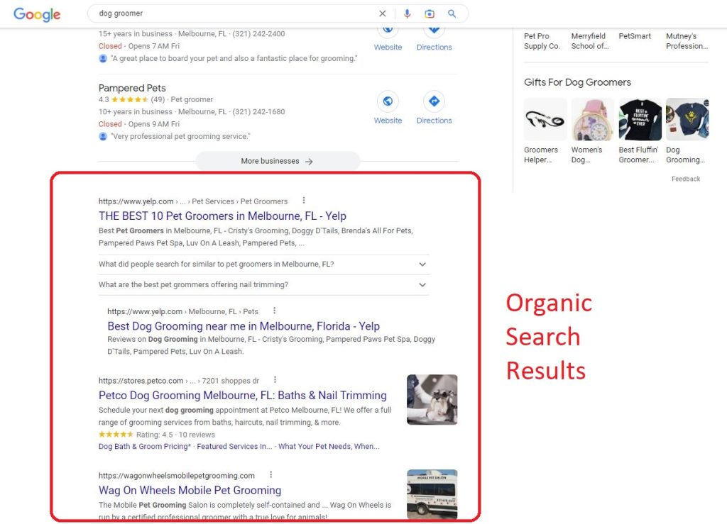 Organic search results Google